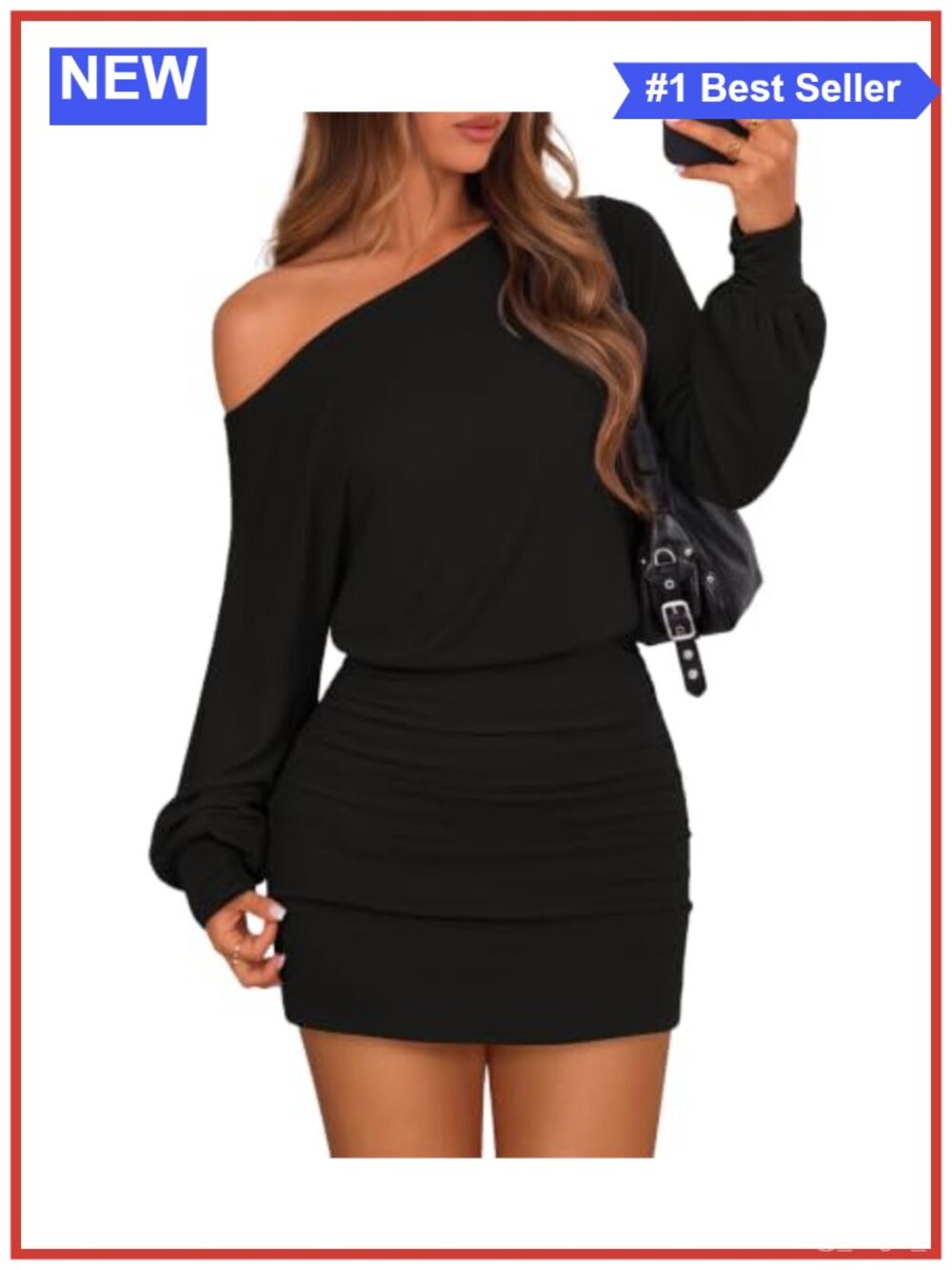 Off Shoulder Bodycon Mini Dress Long Lantern Sleeve Cocktail Party